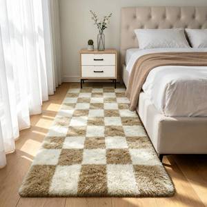 lot 19129 image: Shag Runner Rug for Bedroom Living Room 2x6 Upgrade Non-Slip Fluffy Soft Bedside Rugs,Beige and White Shaggy Carpet for Livingroom Dorm Home Decor Aesthetic