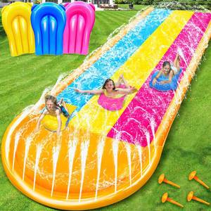 lot 19130 image:  3 Sided Safe Fence  Extra Width Triple Slip Water Slide with 3-Way Sprinklers, Backyard Lawn Water Slides and 3 Bodyboards with Handle, Summer Outdoor Water Fun Toys for Kids Adults,16Ft x 7Ft (Used)