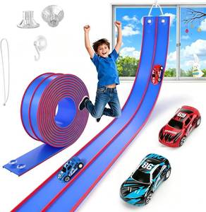 lot 19135 image: TAEMVV 15 Ft Dual Flexible Race Track for Kids, DIY Ramps Car Track Set Compatible with Hot Wheels 164 Diecast Cars, Reinforced Suction Cup for Boys Girls 3, Brown&Navy