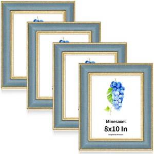 lot 19138 image: Minesaxel 8x10 Picture Frame - Sky Blue Fabric & Vintage Gold Border HD Real Glass with Easel for TabletopWall (Family Photos, Coastal Decor 4 Pack)