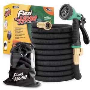 lot 19148 image: Flexi Hose Plus Expandable Garden Hose with 8 Function Nozzle, 75FT - Lightweight Retractable Garden Hose, Water Hose - No-Kink Flexibility, 34 Inch Solid Brass Fittings Includes Hook & Bag