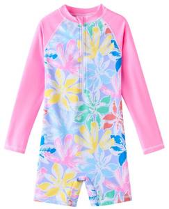 lot 20033 image: UMELOK Girls Rash Guard Swimsuits Long Sleeve One Piece Swimwear with UPF 50 Sun Protection Zipper Bathing Suits Colorful Leaves,6Y