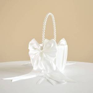 lot 20065 image: ATAILOVE Wedding Flower Girl Basket with Cute Pearl Handle Bowknot Satin Flower Baskets for Wedding Ceremony - Ivory