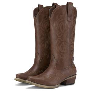 lot 20119 image: HISEA Rollda Cowboy Boots for Women Western Cowgirl Boots with Chunky Heel Ladies Snip Toe Mid-Calf Boots Bronze Size 8