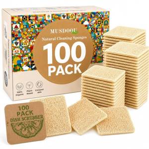 lot 20126 image: MUSDOOU Natural Loofah Dish Sponge, 100 Count Plant-Based Kitchen Cleaning Pads, Biodegradable Compostable Scouring Pads for Dishes, Pots, Pans and Sink, 2.75 x 2.75 Inch