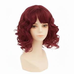 lot 20130 image: Daiaces Short Wine Red Curly Wig for Women with Bangs Shoulder Length Wig Curly Natural for Daily Party Use