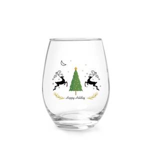 lot 20162 image: Jogskeor Merry Stemless Wine Glass, Elk & Tree Design, 15Oz for Women, Men, Family & Friends, Dad, Mom - Christmas Holiday Party