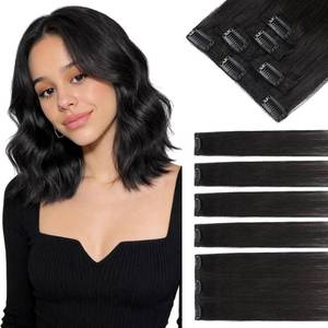 lot 20184 image: Hairro 5PCS 7 Clips In Short Hair Extensions Real Human Hair Small Clip-in Hairpiece For Women 10 Inch Mini Clip On For Thin Hair 36g #1B Natural Black
