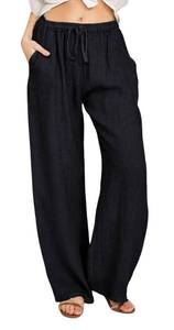 lot 20224 image: CHARTOU Womens Summer Drawstring Waist Wide Leg Loose Cotton Linen Palazzo Pants (Medium, Black)