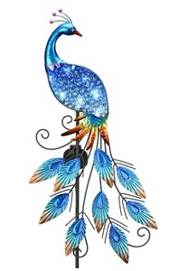lot 9792 image: TERESAS COLLECTIONS Garden Decor Blue Peacock with Solar Outdoor Lights