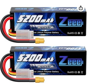lot 10341 image: Zeee 3S Lipo Battery 5200mAh 11.1V 80C with XT60 Connector Hard Case Battery for RC Car Truck Tank Boat RC Plane Airplane Quadcopter Helicopter (2 Pack)