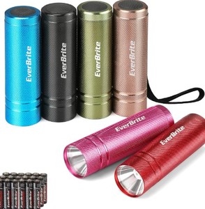 lot 14362 image: EverBrite 6-Pack Aluminum Mini LED Flashlight Set Portable Compact Bulk6 Colors, 18 AAA Batteries Lanyard Included. 1W LED Torch, for Emergency, Camping, Hiking, Night Reading, Car, Wedding Gifts.