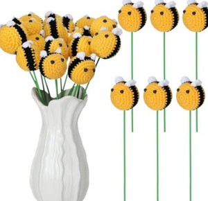 lot 14403 image: 7 pcs Crochet Bee Stems Gift Decor What Will Baby Bees Birthday Party Decorations Handmade Crochet Honeybee Floral Pick for Vase Filler Home Table Centerpiece Farmhouse Spring Party Baby Shower
