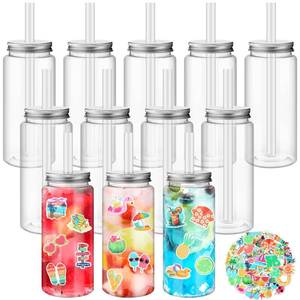 lot 1750 image: Jingmore 12 Pcs 14oz Plastic Mason Jar Bottles with Straws Lids Clear Cute Reusable Drinking Cups and Summer Stickers for Water, Tea, Juice, Beer, Summer Hawaiian Beach Party Supplies