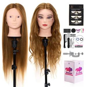 lot 1751 image: Mannequin Head with 80% Real Human hair- 28 Hair Mannequin Heads for Make up, Braiding Hairdressing Doll Head for Styling with Table Clamp  DIY Hair Styling Set