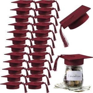 lot 1763 image: Mindsoft 24 Pcs 2026 Graduation Cap Decorations Mason Jar Lid with Tassels 4.2 Inch Grad Hat Large Mason Can Toppers for 2026 Graduation Party Supplies Table (Maroon)