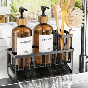 lot 1804 image: Cisily Kitchen Dish Soap Dispenser Set with 2 Pack 16.9oz Amber Glass Bottle and Sponge Holder, Dish Soap Dispensers with Adjustable Sponge Holder, Vintage Hand and Dish Soap Dispensers Set