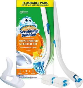 lot 2186 image: Scrubbing Bubbles Toilet Bowl Cleaning System with Flushable & Disposable Cleaner Refill Pads, Fights Odors and Helps Remove Limescale & Hard Water Stains, Citrus Scent, 1 Wand  4 Refills  1 Stand