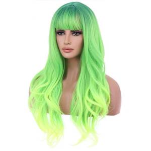 lot 2213 image: BERON Neon Green Wig Long Wavy Soft Synthetic Wigs with Straight Bangs for Women Cosplay Party Halloween Wig Cap Include