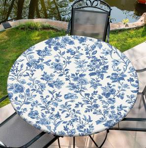 lot 2256 image: COTAIL Round Tablecloth with Elastic Edge, 36-60Inch Waterproof Table Cloth for Dinner, Outdoor, Picnic, 52inch, Blue and White Flower