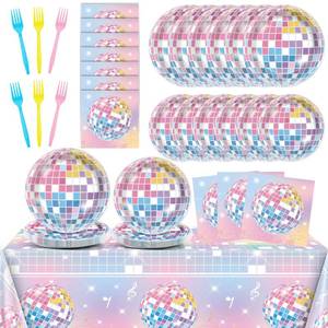 lot 2264 image: 98 Pcs Pastel Disco Ball Birthday Party Decorations Music Singer Disposable Paper Plates Napkin Tablecloth Set for Disco Theme Decor Tablecover Tableware Set for 24 Guests Wedding Bachelorette Party