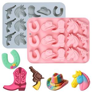 lot 2266 image: Palksky Cowboy Chocolate Molds, 2Pack Western Theme Silicone Mold Baking with Cowboy Horse Boots Hat Saddle Shapes, Candy Molds for Chocolate Gummy Cookies Fondant Candy Party Decor