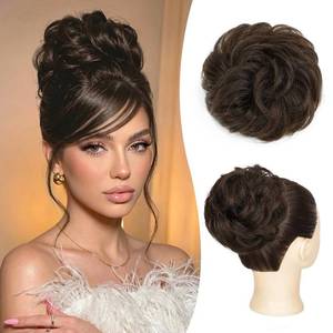lot 2274 image: PINK SEVEN Messy Bun Hair Piece Human Hair, Hair Buns Hair Piece for Women,Tousled Curly Fake Buns Scrunchie Updos buns for Wedding Style,Real Human Hair Chignons Buns (Dark Brown)