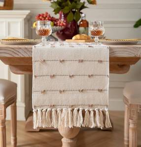 lot 2275 image: Caflife Boho Table Runner 90 Inchs Long for Modern Farmhouse Room Home Decor, Taupe and Beige Coffee Table Runner, Natural Cotton Woven with Tassels Neutral, for Kitchen Dining Table Decor