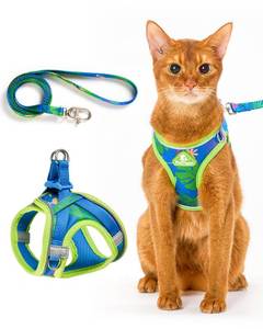 lot 2292 image: PetThem Upgraded Cat Harness and Leash Set - Step-in Escape Proof Adjustable Cat Harness, Comfortable Soft Lightweight, Reflective Harness for Walking, Travel, Camping (Hawaii Green, L)