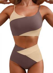 lot 2337 image: Herseas High Waisted 2 Piece Bathing Suits Color Block Dark Brown M