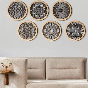 lot 2340 image: Ferraycle 6 Pieces Thicken Rustic Wall Decor Farmhouse Wall Art Wooden Round Art Hanging Decoration Hollow Carved for Living Room Bedroom Kitchen Office Apartment Hallway(Wood Color)