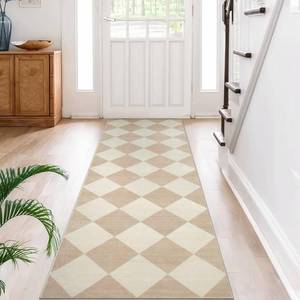 lot 7536 image: Beeiva Checkered Print Rug Runners for Hallways Non Slip 2.5x8, Ultra Thin Beige Kitchen Runner Rugs Non Skid Washable, Classic Neutral Gingham Decor Faux Wool Carpet for Bathroom Bedroom Entryway