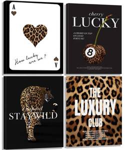 lot 7542 image: KBIERQN 4pcs Trendy Leopard Prints Canvas Wall Art Lucky 8 Ball Poster Preppy Room Stay Wild Cheetah Pictures Luxury Club Poster for Girls Bedroom Apartment Dorm Wall Decor 12x16In Framed