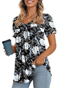 lot 8004 image: LONGYUAN Short Sleeve Tunics Loose Fit Casual Tops for Women Summer Hide Belly Comfy Shirts Blouse Fl Medium White Lily