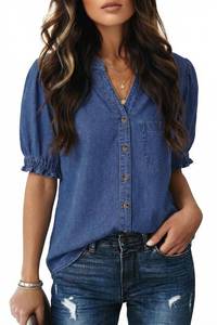lot 8009 image: Dokotoo Denim Shirt Women Button Down Short Sleeve V Neck Blouse for Women Dressy Casual Summer Fashion Tunic Tops Denim Tops Work Chambray Shirts Dark Blue Shirts for Women Small