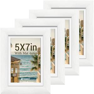 lot 8051 image: 5x7 Picture Frame Set - 4 Pack, White Solid Wood Photo Frames - Tempered Glass - Displays Photos 4x6 with Mat or 5 x 7 without - Room, Office, Gallery, Studio, and Hallway Decor - Wall Hanging