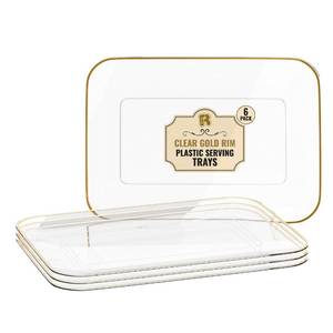lot 8055 image: 6 Pack Plastic Serving Trays for Party - 8 x 11 Disposable Serving Tray - Heavy Duty Gold Dessert Trays (Clear)