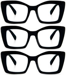 lot 8059 image: REAVEE 3 Pack Oversized Square Reading Glasses for Women, Blue Light Blocking Large Frame Computer Designer Fashion Readers with Spring Hinge (Black,2.0)