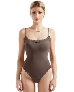 lot 8080 image: SUUKSESS Women Square Neck Lace Bodysuit Double Lined Sleeveless Spaghetti Strap Tank Top (Brown,S)