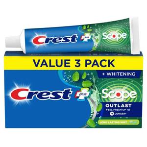 lot 8084 image: Crest Complete Whitening  Scope, Long Lasting Mint Toothpaste, Triple Pack (3 Count of 5.4 oz Tubes), 16.2 oz