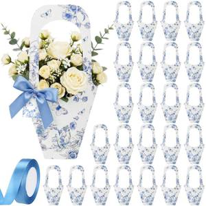 lot 8438 image: FunooFuno 24 Set Flower Bags for Bouquets Kraft Paper Flower Gift Bags Bouquet Holders with Handle Floral Sleeves Ribbons Gift Cards for Wedding Bridal Baby Shower Florist Bar Supplies(Blue Floral)