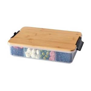 lot 8439 image: (Handle is broken off damaged)Farberware Snacklebox 11x16 Inch Bamboo Cutting Board Lid with 11-Compartment PP Snack Box, Locking Handles for Travel - Charcuterie Board with Lid for Picnics, Road Trips, and Outdoor Entertaining