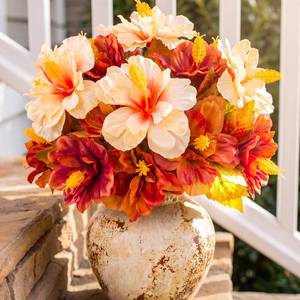 lot 8448 image: FineCheer 8 Bundles Artificial Hibiscus Flowers for Outdoor Decoration Fake Tropical Flowers UV Resistant Faux Silk Planter for Outside Porch Spring Front Door Decor (OrangeWhite)