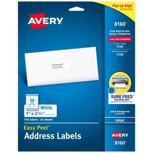 lot 8449 image: Avery Easy Peel Address Labels, Inkjet Printers, White, 1 x 2-58, Box of 750 Labels (08160)