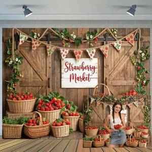 lot 8450 image: Ptrxobj Rustic Strawberry Market Backdrop, Wooden Barn Door Farm Photography Background for Summer Fruit Birthday Party Baby Shower Portrait Photo Booth Props Studio 10X8FT