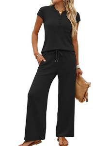 lot 8453 image: Casly Lamiit Two Piece Sets for Women Business Casual Outfits Casual Short Sleeve Tops Crop Pants Matching Lounge Set Summer Beach Wear Black XS