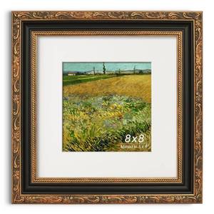 lot 8462 image: GiftMust Antique 8x8 Picture Frame, Ornate Embossing Frame with Paper Mat and Real Glass, Fit for 8x8 without Mat or 5x5 with Mat, Tabletop or Wall Mounting Display, Black and Antique Gold, 1 Pack
