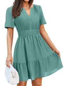 lot 8472 image: Simplee Womens Casual Summer Spring Dresses V Neck Short Sleeve Empire Waist A Line Tiered Mini Boho Beach Vacation Dress Lake Green L