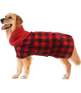 lot 8479 image: Geyecete Dog Drying Coat - Fast Drying Dog Bath Robe Towel - Microfibre Super Absorbent, Luxuriously Soft Red Black Grid - XXL