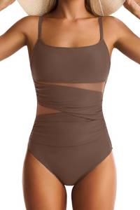 lot 8483 image: EVOCRCO One Piece Swimsuit for Women Tummy Control Mesh Bathing Suits Sexy Push Up Swimsuits Slimming Square Neck Swimwear Brown L
